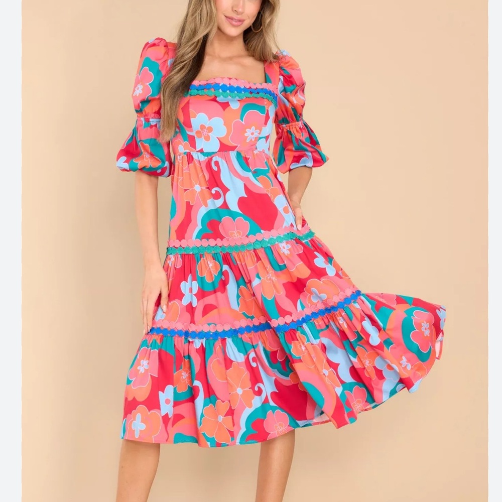 NWT ALDEN ADAIR MIA TIPSY BOLD FLORAL RIC RAC TIER DRESS XS ANTHROPOLOGIE